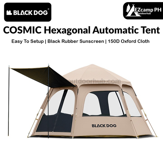 Blackdog COSMIC Hexagonal Automatic Tent 4 Person Dome Style Outdoor Black Vinyl Coated Sunscreen Waterproof Optional Extended Canopy Free Groundsheet