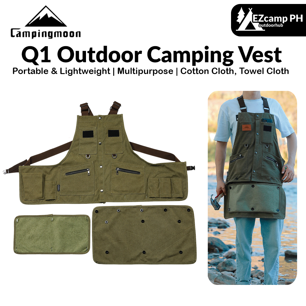 Campingmoon Q1 Outdoor Camping Vest Portable Lightweight Multifunctional Detachable Apron With Pockets Work Clothes Overalls Tools Equipment Storage Canvas Material Hiking Cooking Gardening Picnic Beach Travel Heavy Duty Original Camping Moon