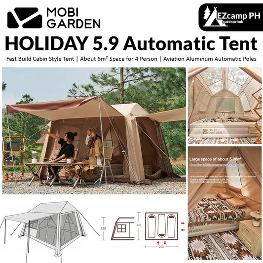 Mobi Garden HOLIDAY MOUNTAIN RESIDENCE 5.9 Fast Build Automatic Cabin Style Tent for 4 Person 6m² Large Space Waterproof 2 Door Built-in 2 Canopy Awning Panorama Windows Mesh Skylight Camping Glamping Quick Open Mobigarden village 6.0 ridge hut