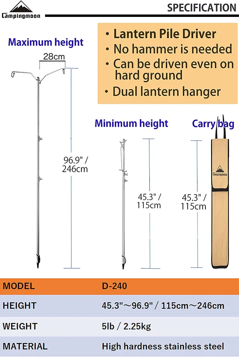 CAMPINGMOON Stainless Steel Dual Lamp Post Outdoor Camping Lantern Light Pole Adjustable Height Heavy Duty 15kg Max Load Original Tripod D-240 / D-243