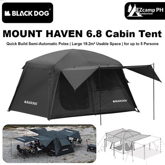 Blackdog MOUNT HAVEN 6.8 Quick Open Semi-Automatic Cabin Style Black Tent Large 19.2m² Total Use Space for up to 4-5 Person Titanium Black Coated Sunscreen Waterproof Breathable shanting mountain court by naturehike