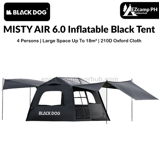 Blackdog MISTY AIR 6.0 Inflatable Black Tent 4 Person Fast Build Built-in Electric Air Pump Large Space up to 18m² Use Vinyl Coated Sunscreen Waterproof Extended Canopy