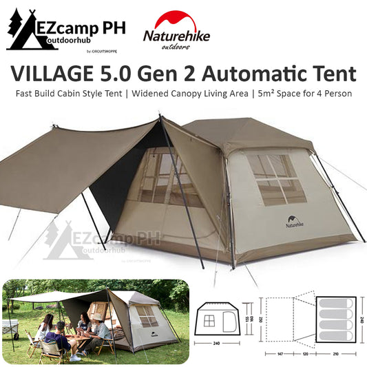 Naturehike VILLAGE Series 5.0 Gen 2 Fast Build Automatic Cabin Style Tent 5m² Space 4 Person Waterproof Camping Large Canopy Ti Black Sunscreen