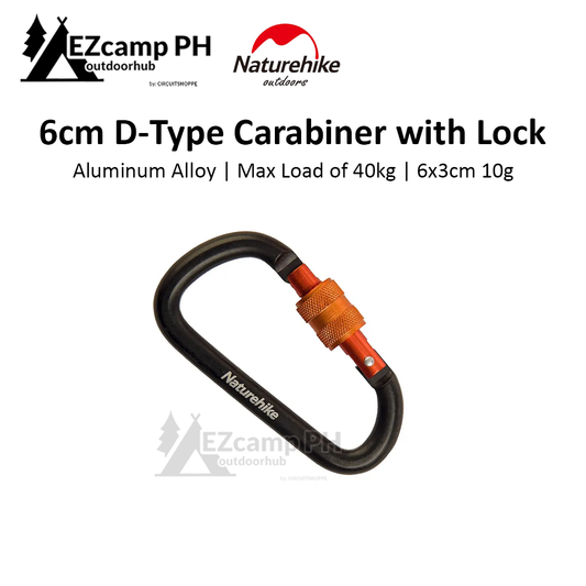Naturehike 6cm D Type Carabiner Safety Hook Buckle with Lock Camping Tent Hanging Accessories 40kg Load Ultralight Hiking Key Chain Multi-Functional