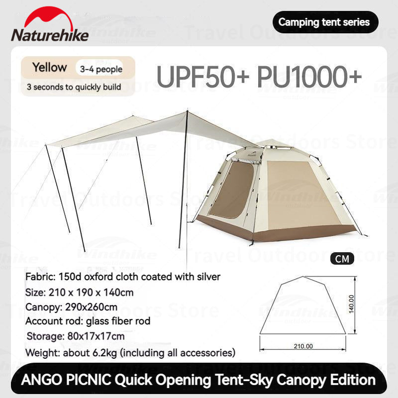 Naturehike Ango Picnic Quick Opening Tent 3-4 Persons Portable Automatic Easy to Set Up Large Space Luxury Sunshade Family Camping Outdoor Hiking Outing Highly Durable Rainproof Canopy Tent Original Nature Hike