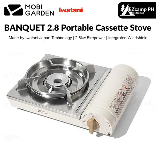 Mobi Garden x IWATANI BANQUET 2.8 Butane Cassette Stove Standard Canister Fuel Gas Burner 2.8KW High Firepower Portable Outdoor Camping Integrated Windshield Heavy Duty Japan Technology Mobigarden Jiyan