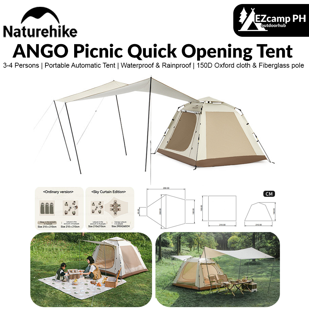 Naturehike Ango Picnic Quick Opening Tent 3-4 Persons Portable Automatic Easy to Set Up Large Space Luxury Sunshade Family Camping Outdoor Hiking Outing Highly Durable Rainproof Canopy Tent Original Nature Hike