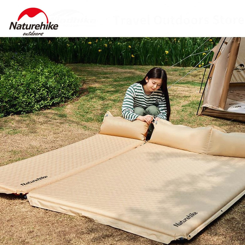 Naturehike Free Splicing Inflatable Foam Sleeping Pad Portable 3cm 6cm Single Double Air Sponge Bed with Pillow D01 Automatic Inflate Mattress Mat