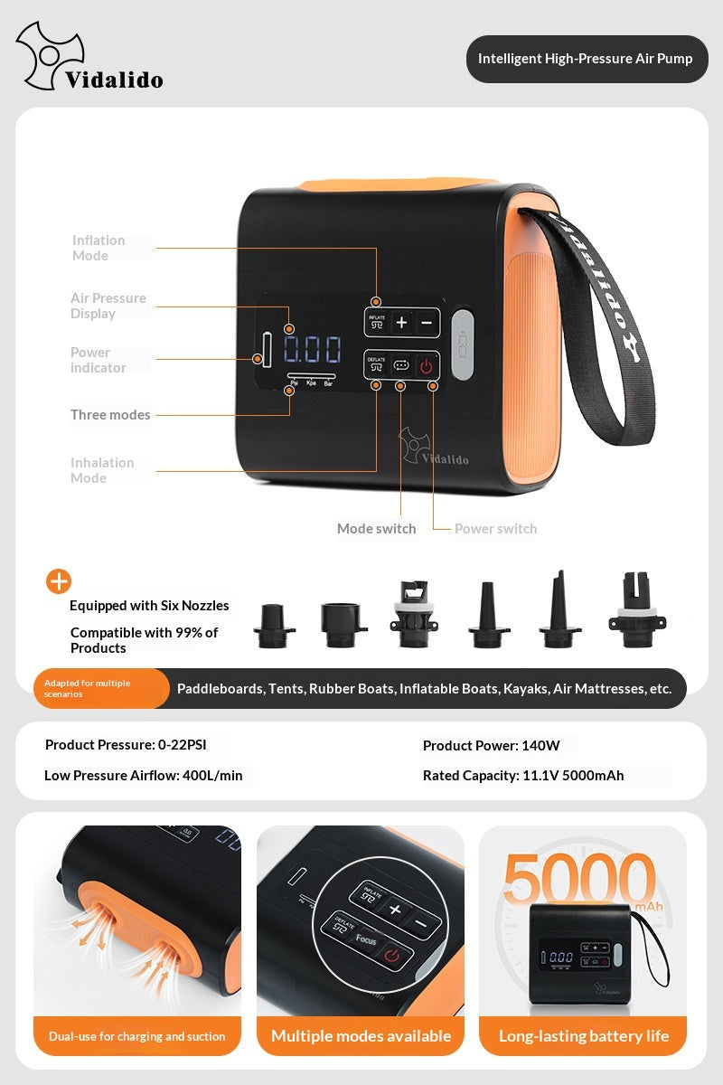 Vidalido Smart High Pressure Air Pump Portable Lightweight Automatic Inflation & Deflation Electric Air Pump Fast Charging 5000mAh Battery Outdoor Camping