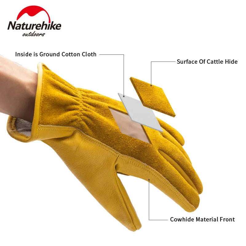 Naturehike Cowhide Leather Outdoor Working Gloves Camping Barbecue Chop Wood Gardening BBQ Heat Fire Flame Wear and Tear Resistant Breathable Comfortable Glove 3 Sizes Safety Accessories for Men and Women Heavy Duty Equipment Nature Hike