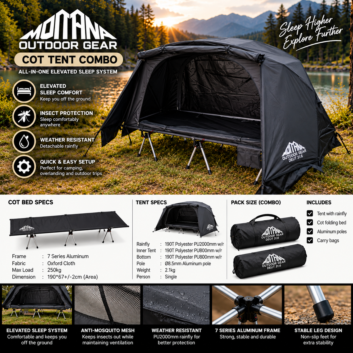 Montana COT TENT Combo Off the Ground Single Person Ultralight Portable Waterproof Camping Tent