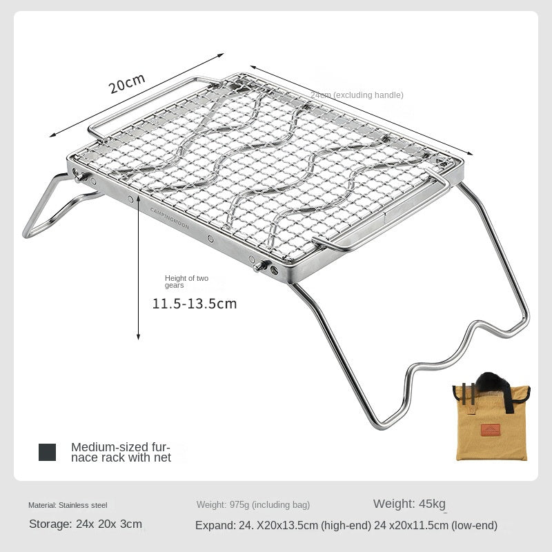 CAMPINGMOON Folding Grill Stove Net Rack Stand Outdoor Camping Hiking Portable Foldable Ultralight BBQ Charcoal Butane Stove Grill Mount Bracket 304 Stainless Steel with Storage Bag Camping Moon MSW-1012 MSW-1015