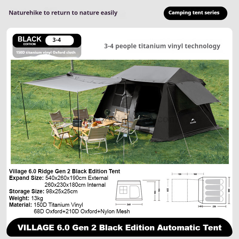 Naturehike VILLAGE 6.0 Black Edition Ridge Tent 2-4 Person Cabin Style Automatic Tent 2026 Gen 2 Spacious Space 210D Oxford Cloth Outdoor Camping