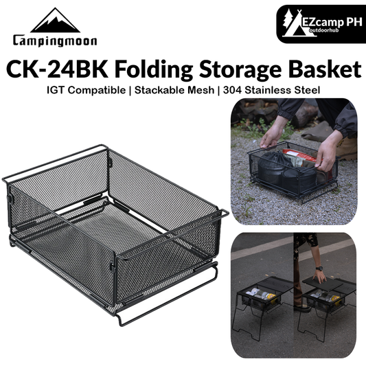 Campingmoon CK-24BK Folding Storage Basket Portable Foldable IGT Compatible Tray Stackable Mesh Open Net Outdoor Camping Equipment Cookware Kitchenware Utensil Container 1-Unit IGT Table Accessories Add-on