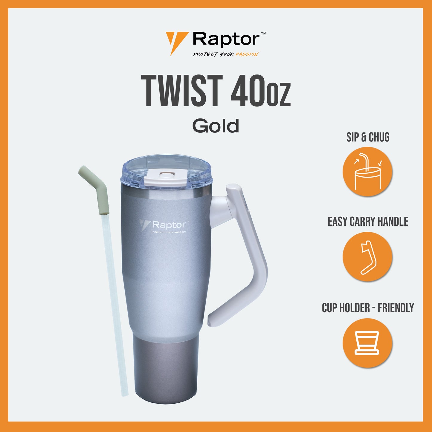 Raptor TWIST 40oz Tumbler Unique Rotating Handle Double-Wall Vacuum Insulation Cup Holder-Friendly Design Rust-Resistant Durability Drinkware