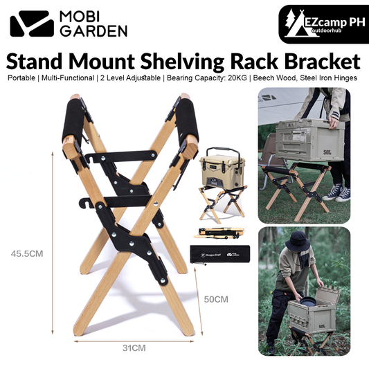 MOBI GARDEN Stand Mount Shelving Rack Bracket Exquisite Portable Multi-Functional Folding Storage Shelf Outdoor Hiking Travel Beach Picnic Equipment Mounting Table Shelf Beech Wood For Coolers Water Storage Container W/ Bag Heavy Duty Original Mobigarden