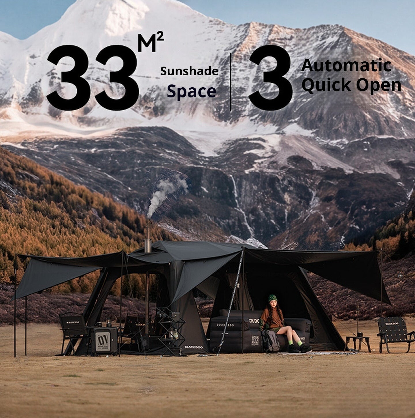 Blackdog STAR CHASE 13X Automatic Cabin Style Tent 8 Person Family Tent 2 Bedroom 3 Living Area Large Group Black Vinyl Coated Waterproof Outdoor Tent