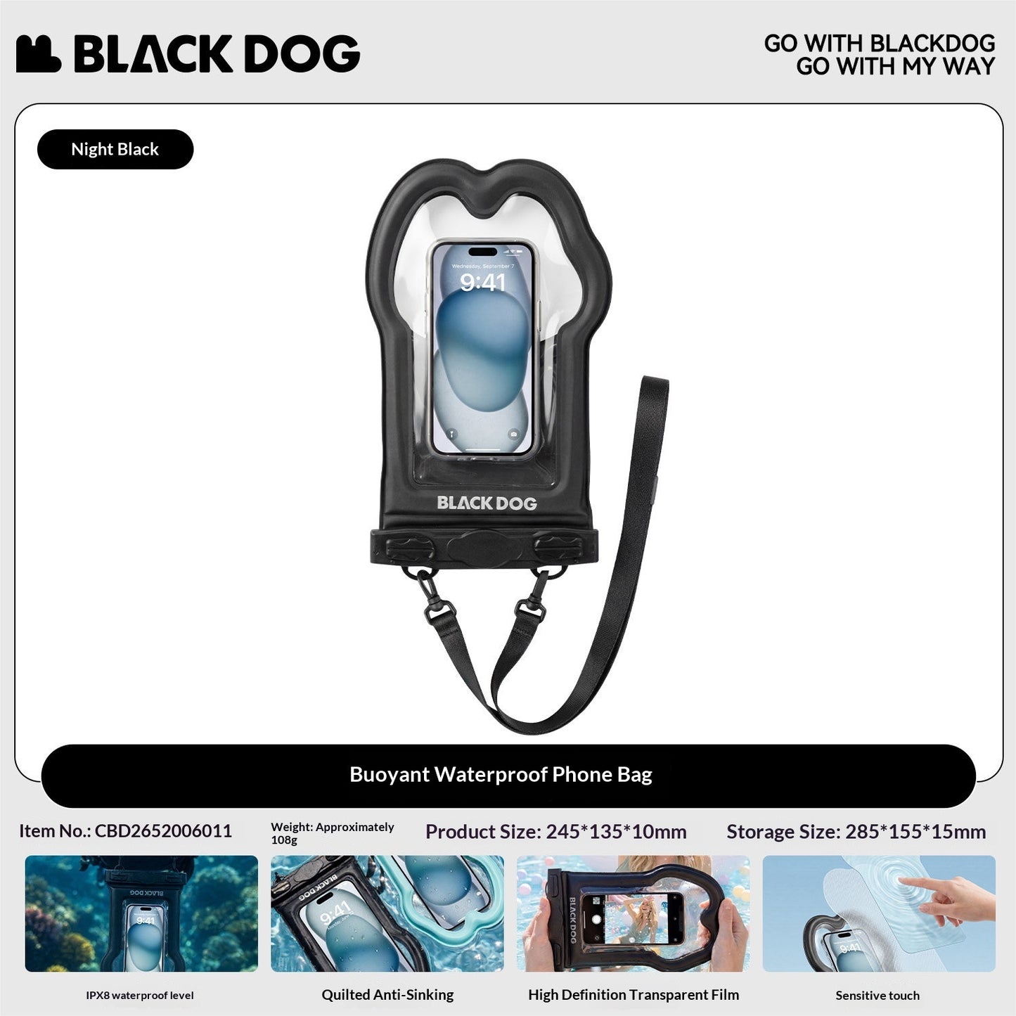 BLACKDOG Bouyant Waterproof Phone Bag Touchscreen Swimming Cover Rafting Gear Pouch PVC Bionic Sensing IPX8 High Definition Transparent Film Outdoor
