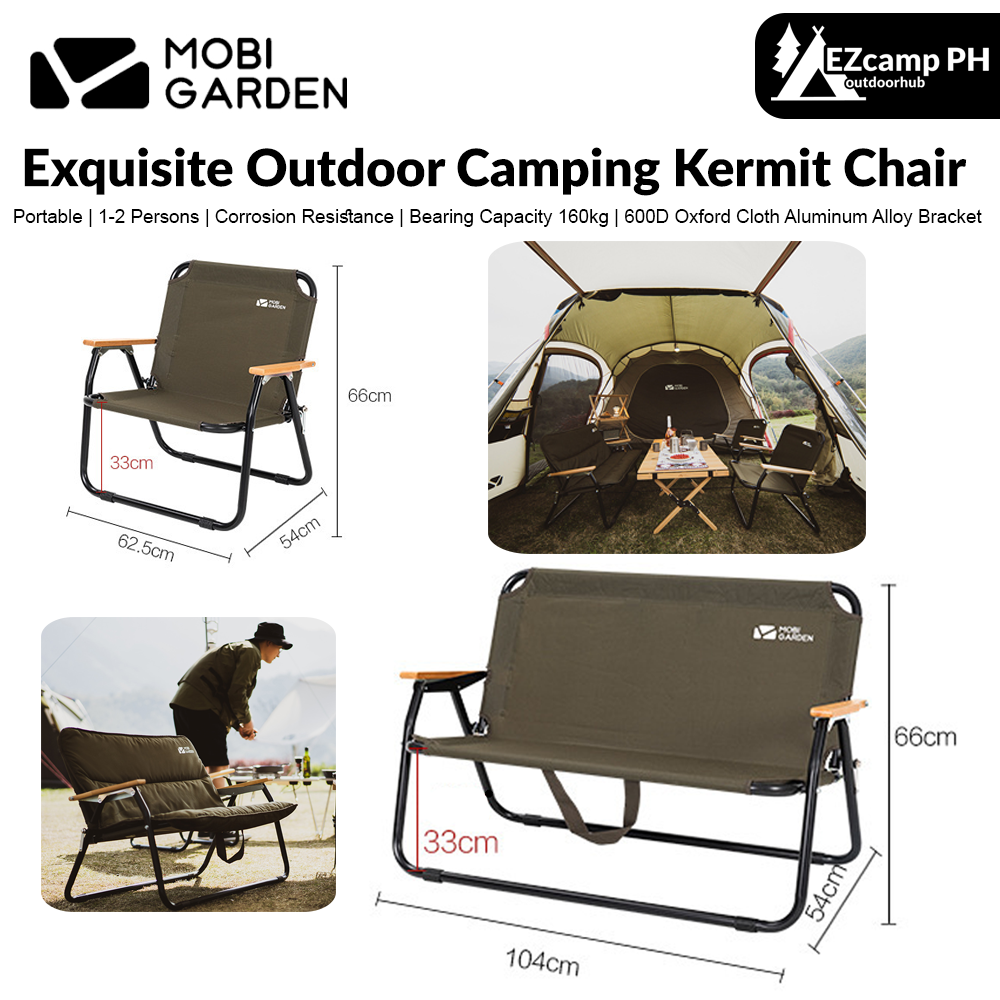 MOBI GARDEN Exquisite Outdoor Camping Kermit Chair 1-2 Persons Portable Folding Single Double Leisure Lazy Chair  Double Handrail Aluminum Alloy Bracket Backrest Armchair Travel Picnic Fishing Hiking Heavy Duty Original MobiGarden