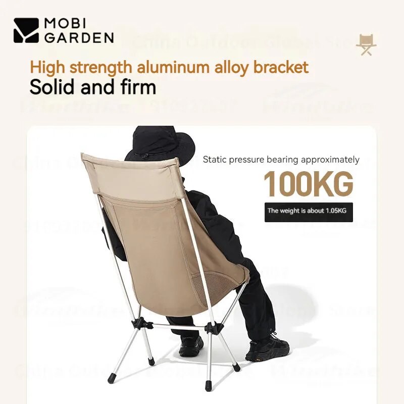 MOBI GARDEN Folding Moon Chair Outdoor Camping Relax Recline Ultralight Portable Small Large High Low Back Aluminum Alloy Oxford Seat 100kg Max Load Foldable with Storage Bag Mobigarden