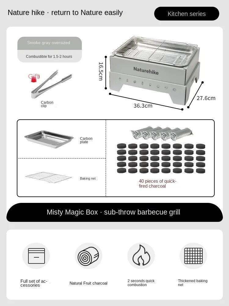 Naturehike MISTY MAGIC BOX Disposable Tabletop Charcoal BBQ Grill Box Kit Set Outdoor Camping Picnic Barbecue Cooking Equipment Stainless Grilling Pan Tong Mesh Fast Burning Charcoal Briquette Nature Hike