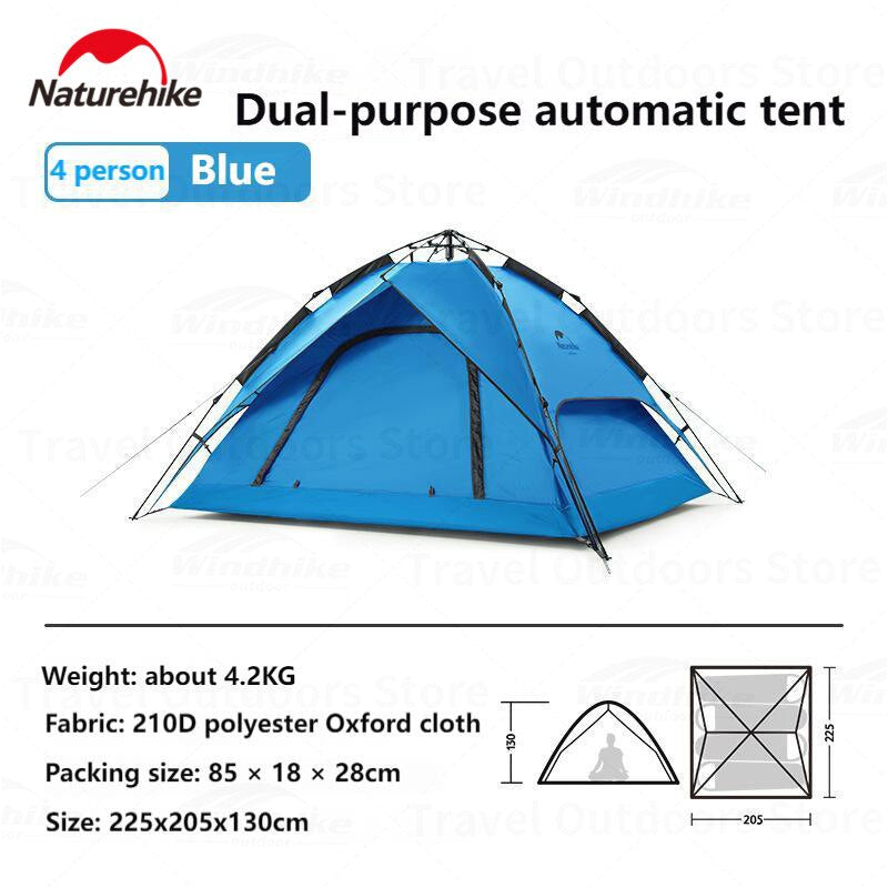 Naturehike Automatic Pop Up Camping Tent Fast Quick Build 3 and 4 Person Dome Style 210D Polyester Waterproof 3000mm Instant Auto Outdoor Shelter