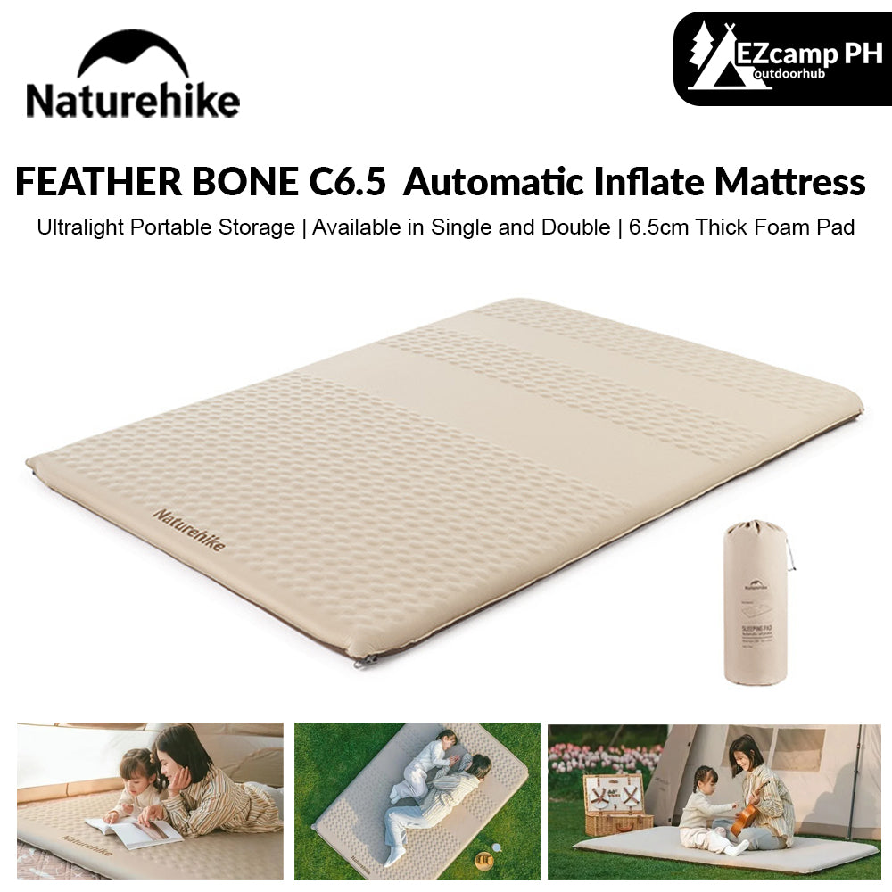 Naturehike FEATHER BONE Series C6.5 Automatic Inflate Sleeping Pad Foam Mattress Outdoor Camping Tent Ultralight Portable Sponge Cushion Bed 6.5CM Thick Single Double Size Air Self Inflatable Mat Nature Hike