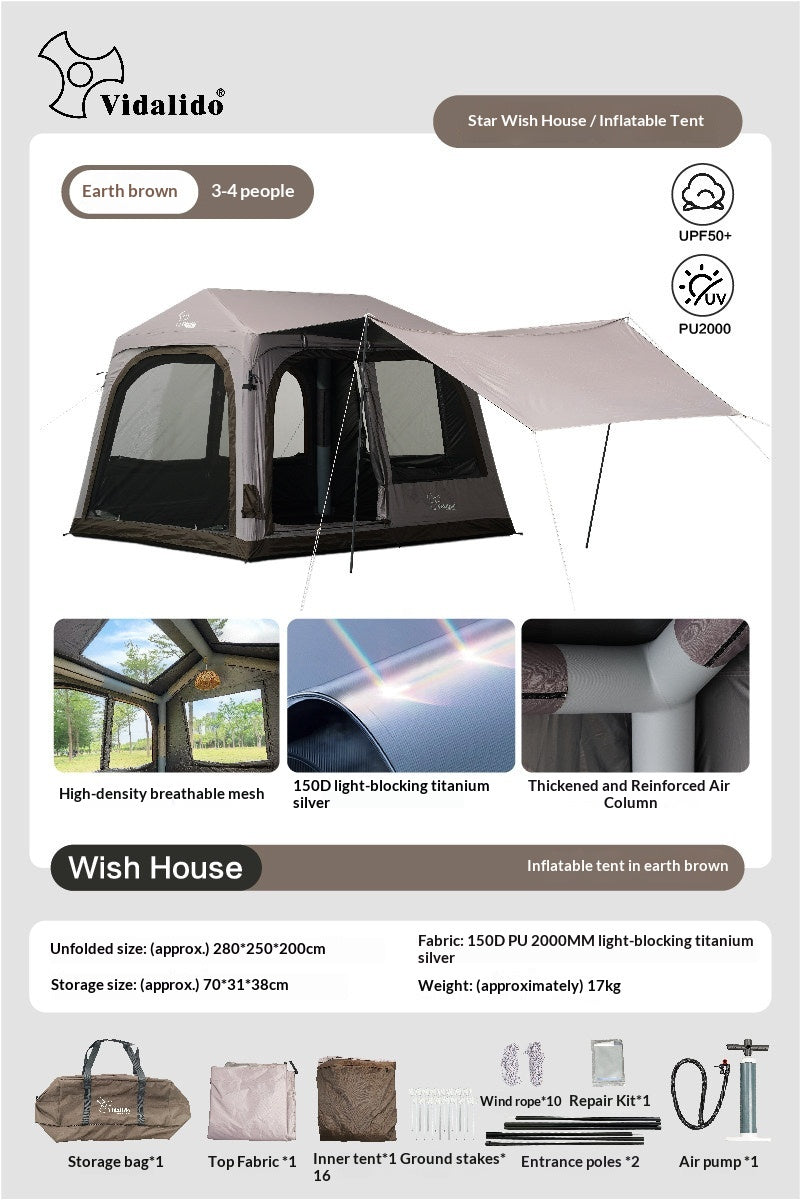 Vidalido WISH HOUSE 7.0 Air Inflatable Tent Fast Build 3-4 Person Ti Silver Coated Sunscreen PVC Air Poles Full View Mesh Waterproof 13m² Usable Space