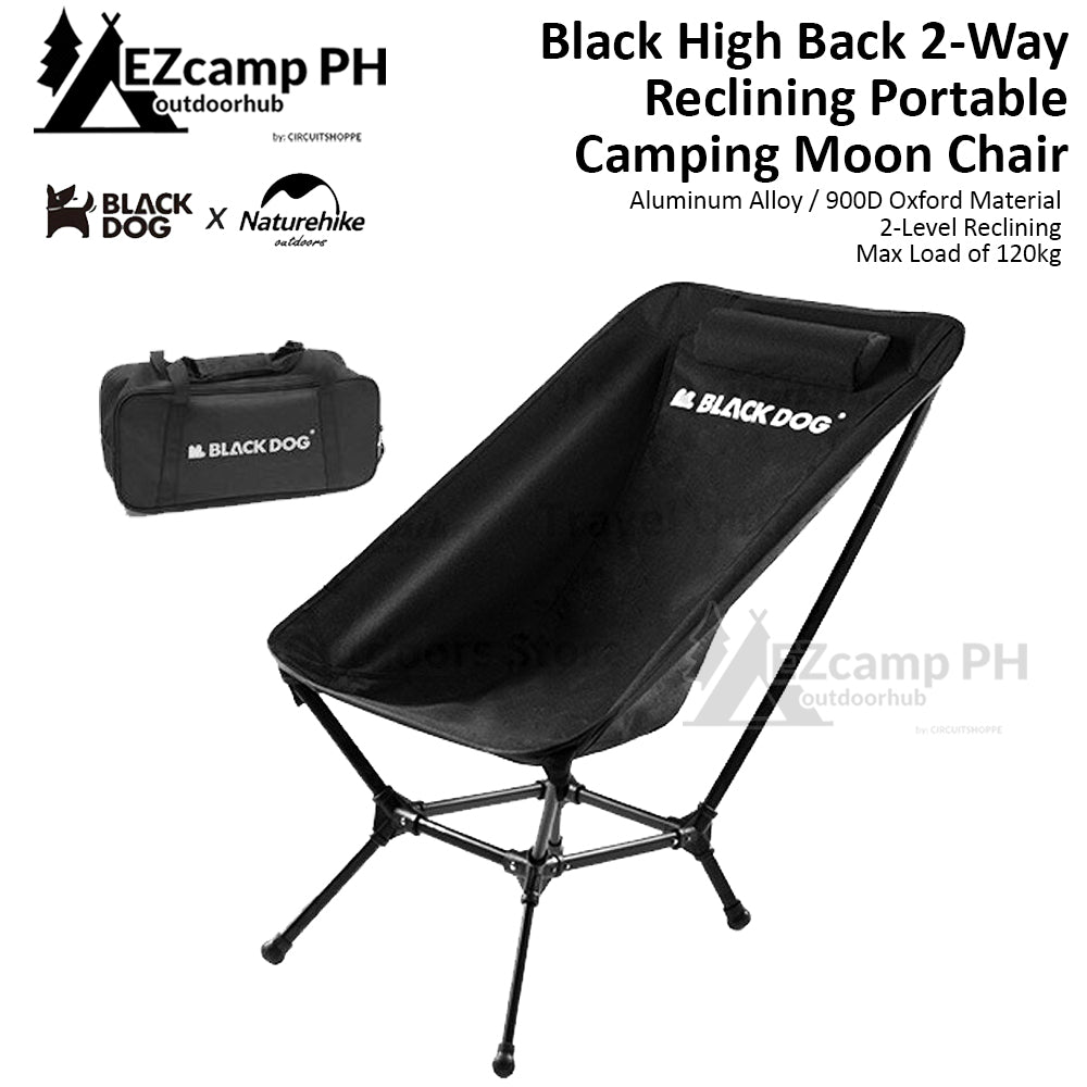 BLACKDOG by Naturehike Black High Back Portable Folding Moon Chair 2-Way Reclining Outdoor Camping Ultralight Foldable Aluminum 120kg Max 900D Oxford