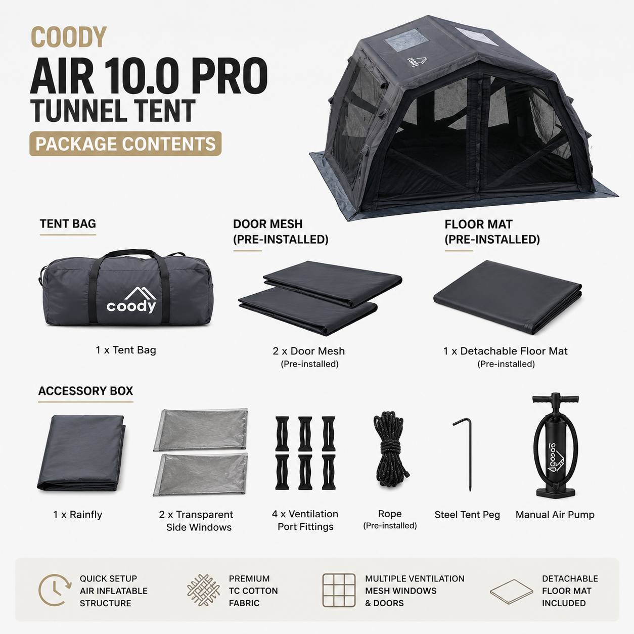 Coody AIR 10.0 PRO Tunnel Air Inflatable Tent Premium Multiple Setup Spacious Family Shelter Easy Setup Outdoor Camping