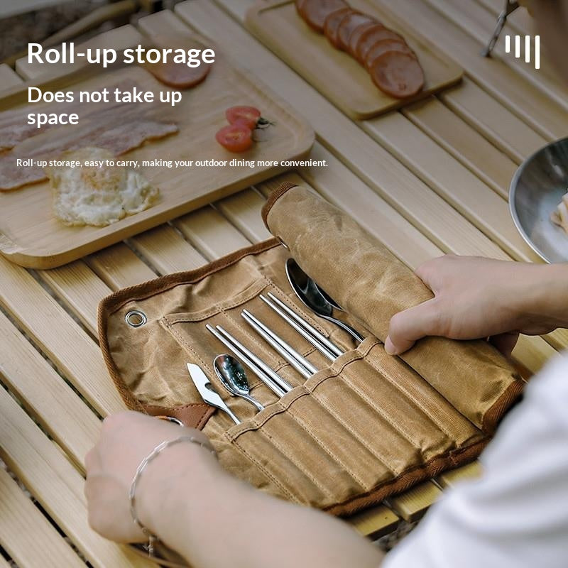 Portable Camping Cutlery Set 12/15PCS Bamboo Handle Spoon Fork Knife Chopsticks with Canvas Storage Organizer Outdoor Picnic Tableware