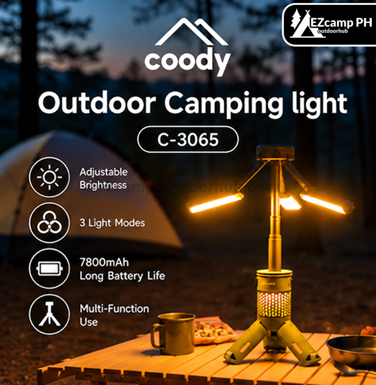 Coody C-3065 Telescopic Tripod Lamp Portable Multifunctional 3 Adjustable Light Modes LED Camping Lantern IPX4 Waterproof USB C Charging Light Outdoor