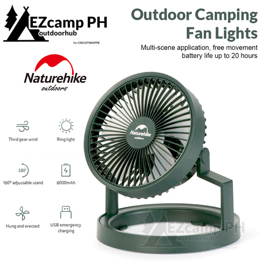Naturehike Camping Fan Lights Outdoor Portable USB Charging Electric Cooling Fan 8000mAh Rechargeable Battery with LED Ring Hanging Tent Lantern Lamp