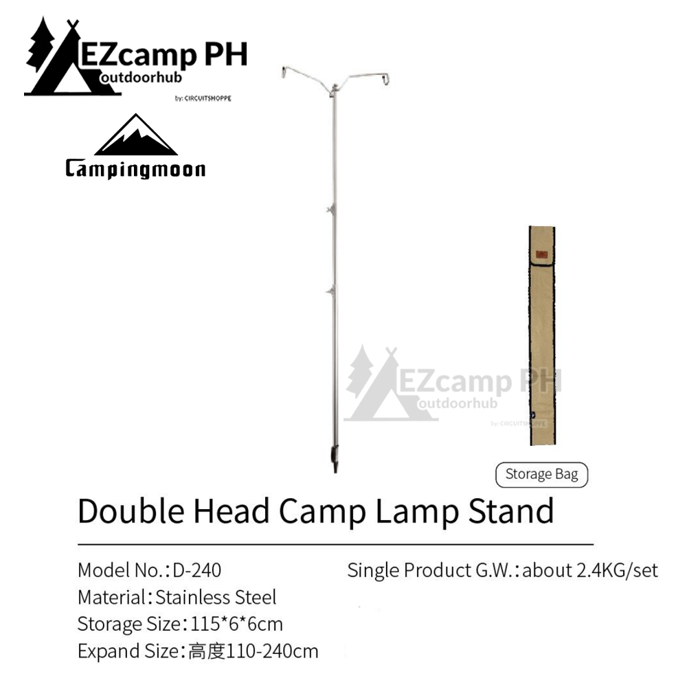 CAMPINGMOON Stainless Steel Dual Lamp Post Outdoor Camping Lantern Light Pole Adjustable Height Heavy Duty 15kg Max Load Original Tripod D-240 / D-243