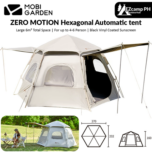 Mobi Garden ZERO MOTION Hexagonal Automatic Tent 160 Outdoor Portable Fast Open Quick Build Large 6m² for up to 4-6 Person Waterproof Black Vinyl Coated Blackout Sunscreen Mobigarden Hexagon Auto Pop up