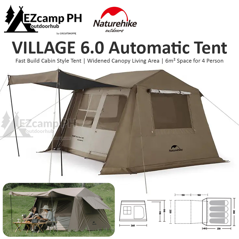 Naturehike VILLAGE Series 6.0 Gen 2 Fast Build Automatic Cabin Style Tent 6m² Space for 4 Person Waterproof Camping Ti Black Sunscreen Coating