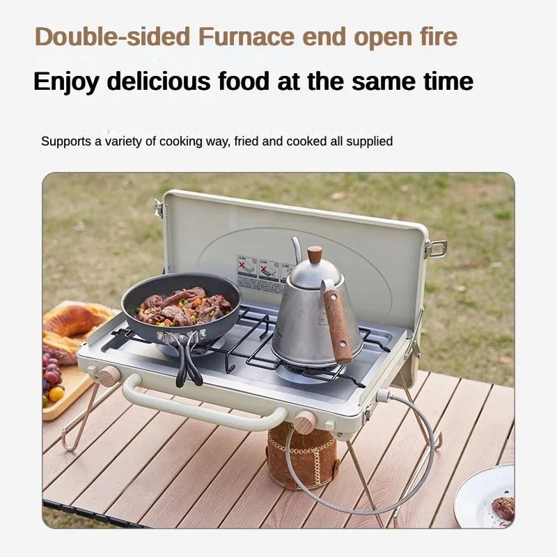 MOBI GARDEN Double Burner Gas Butane Stove 3.3 Outdoor Camping 3.3kw Firepower Folding Portable Cooking Equipment Intergrated Windboard Picnic BBQ Cookware Dual Head Fast Ignition Mobigarden