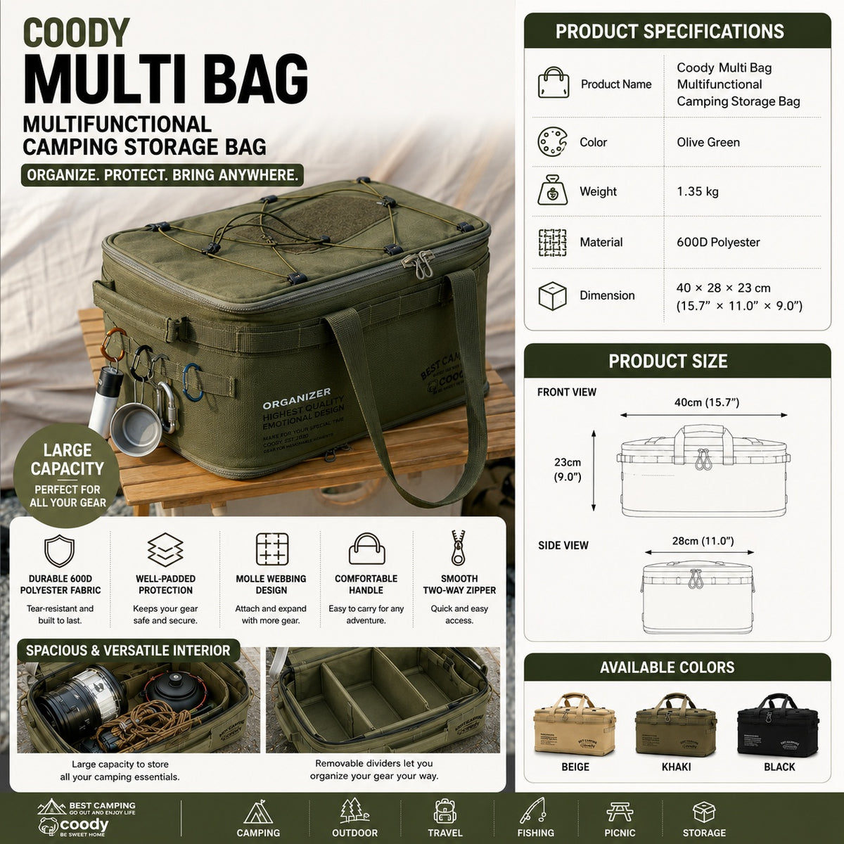 Coody MULTI BAG Portable Multifunctional Camping Storage Bag Heavy Duty Padded Organizer Removable Divider MOLLE Outdoor Gear Equipment Case