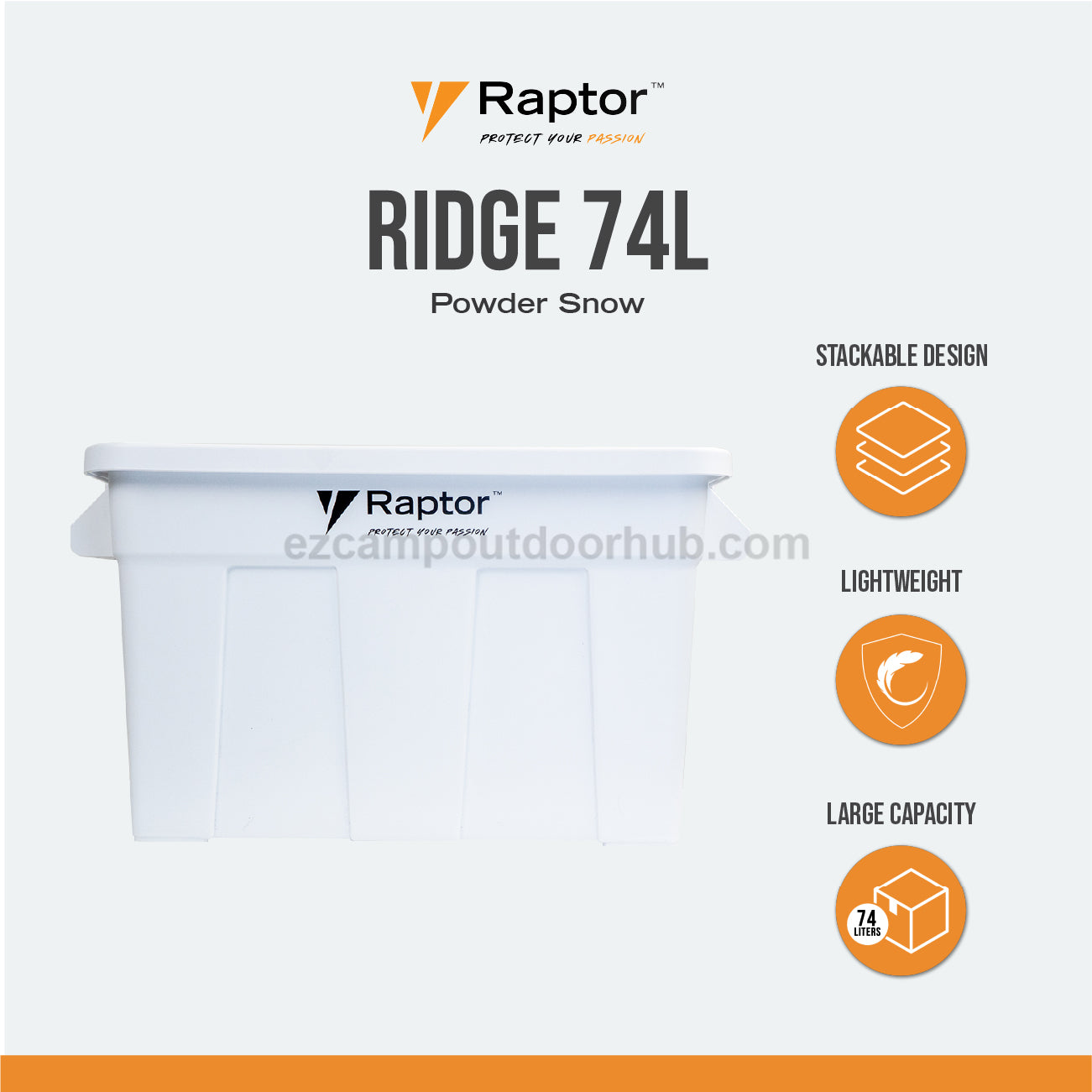 Raptor RIDGE 74L Storage Box Portable Lightweight Stackable Design Large Capacity Optional Attachable Wheels Polypropylene Heavy Duty Outdoor Camping