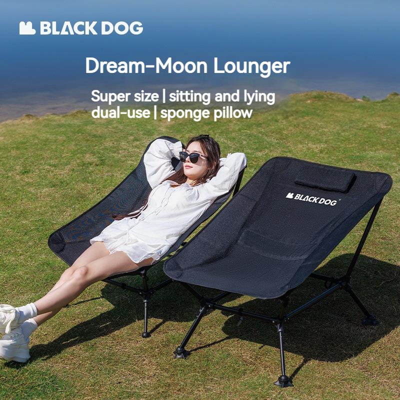 BLACKDOG DREAM MOON Black Lounger Portable Chair Outdoor Camping Ultralight Heavy Duty Reclining Relax Lounging Foldable Chair up to 150kg Max Load