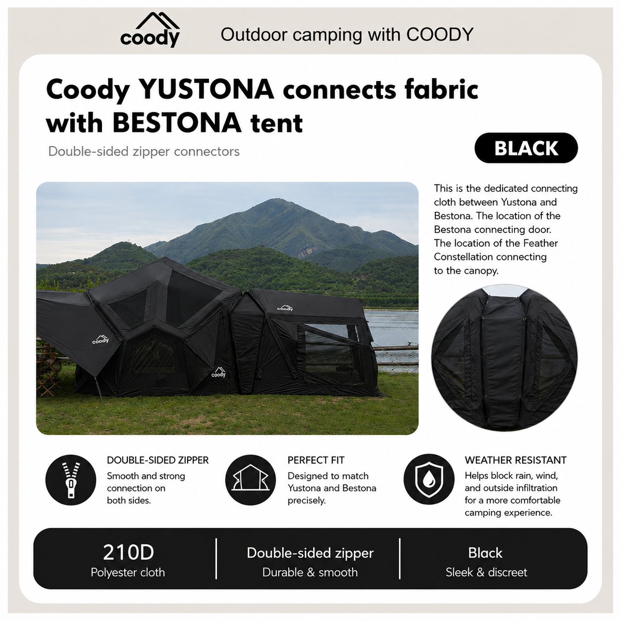 Coody BESTONA YUSTONA Connector Double Sided Zipper Air Tent 210D Polyester Cloth Accessories Add-ons