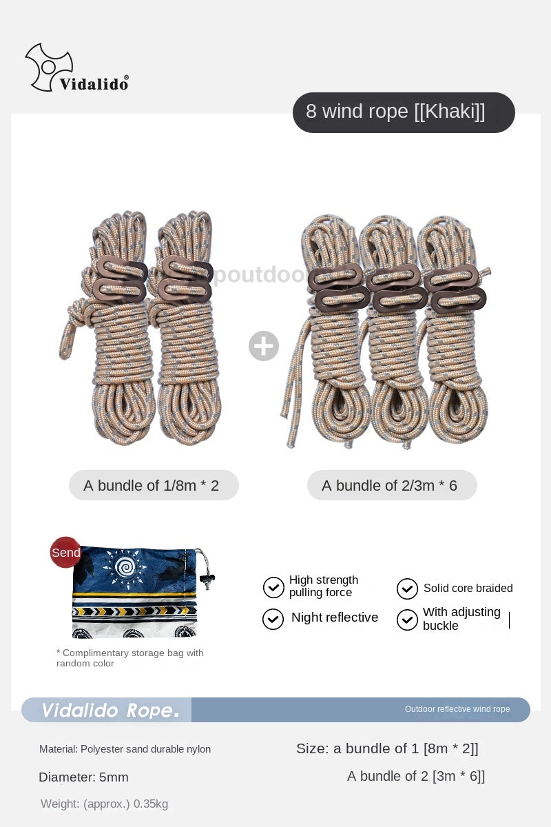 Vidalido 8pcs Outdoor Camping Wind Rope Set Multipurpose Tent Tarp Canopy Awning Accessories Guy Lines Aluminum Tensioner Buckles Windproof Reflective