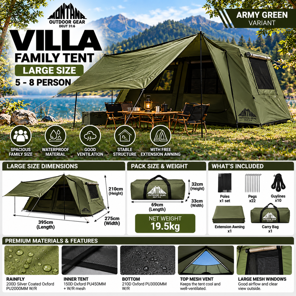 Montana VILLA Cabin Style Family Camping Tent Large Medium 5-8 Person Waterproof Manual Silver Coat