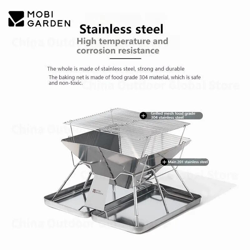 Mobi Garden Portable Mini Folding Charcoal Grill Stove Outdoor Foldable 201 301 Stainless Steel Ultralight Fire Wood Burner Bonfire Pit Firewood BBQ Picnic Camping Equipment Suitcase Design with Storage Bag Mobigarden