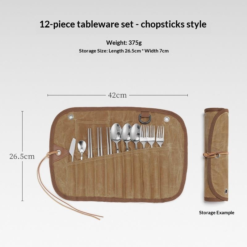 Portable Camping Cutlery Set 12/15PCS Bamboo Handle Spoon Fork Knife Chopsticks with Canvas Storage Organizer Outdoor Picnic Tableware