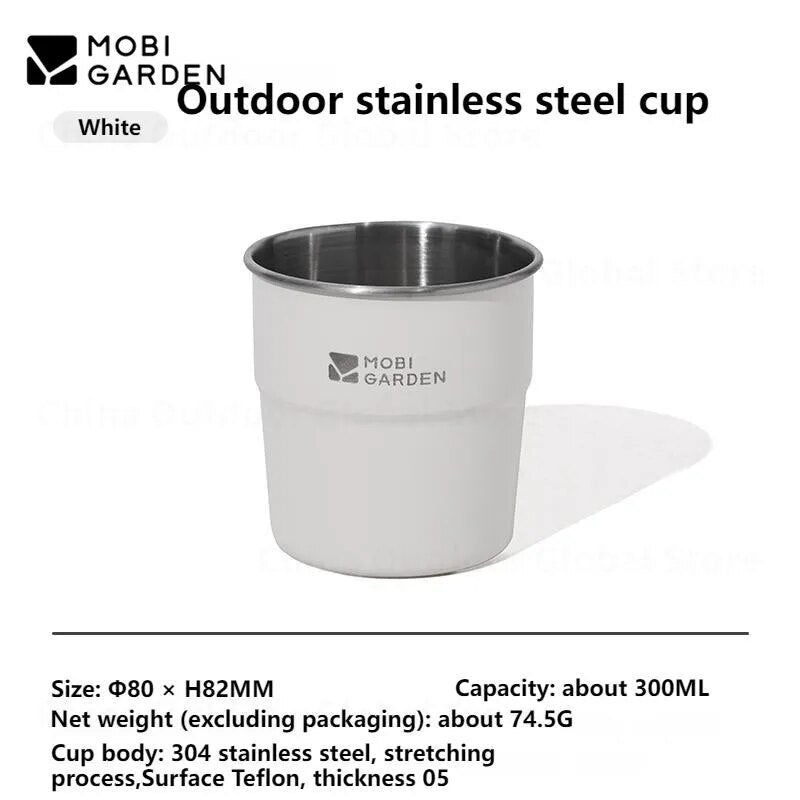 Mobi Garden Stainless Steel Frosted Surface Cup Food Grade 300ml Drinking Water Beer Tea Coffee Glass Small Portable Outdoor Camping Picnic Tableware Utensil Heavy Duty Black White Mobigarden