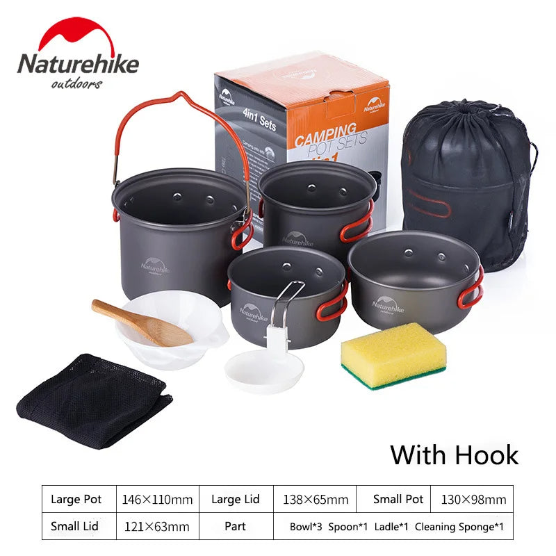 Naturehike 4 in 1 Portable Outdoor Camping Cookware Pot Pan Set Camp Picnic Aluminum Alloy Cooking Ware Tableware and Utensils Kit Ultralight Cook Kaldero Nature Hike