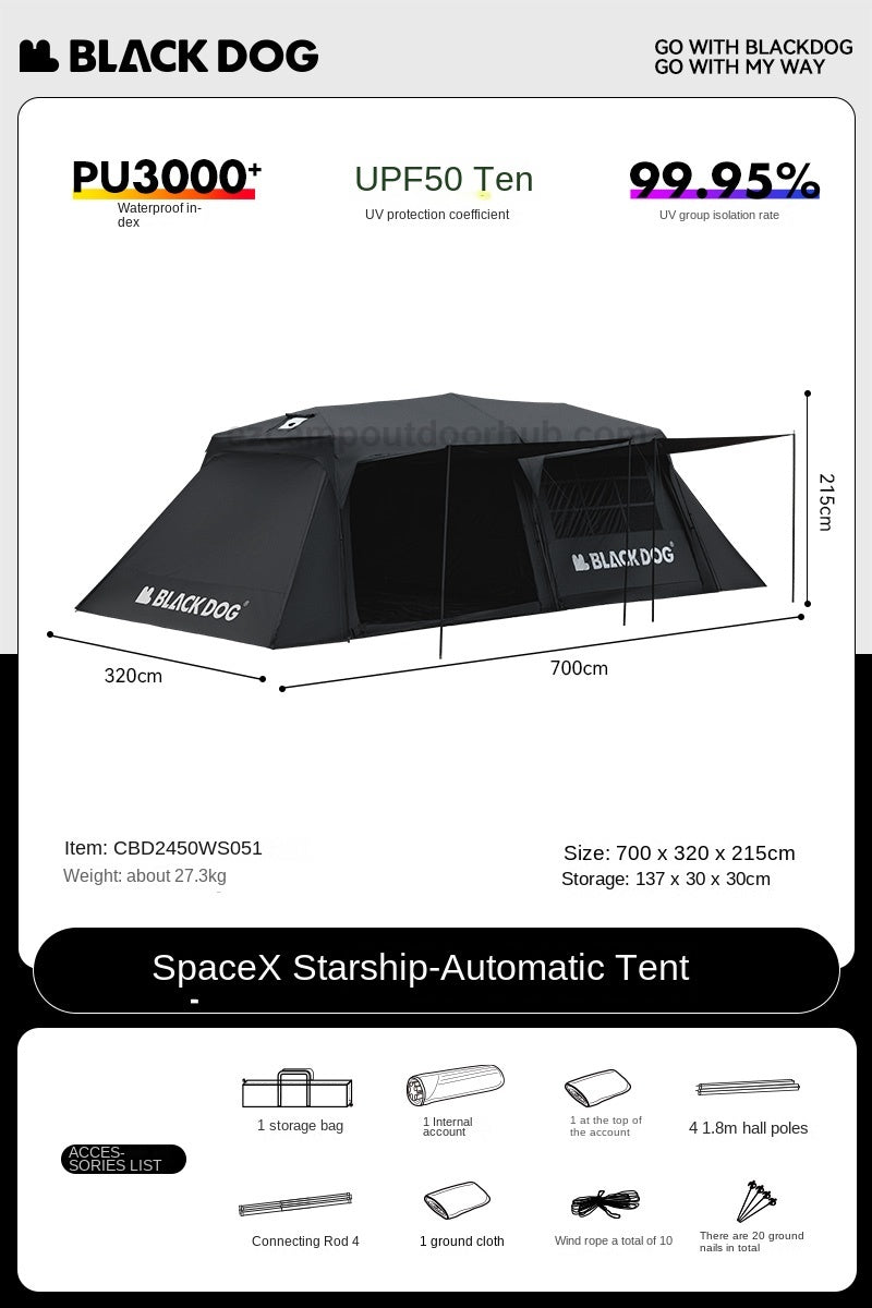 Blackdog SPACEX STARSHIP Automatic Tent Cabin Style For 8-10 Person Large 2 Bedroom 6 Living Room Outdoor Waterproof Black Vinyl Coated Sunscreen