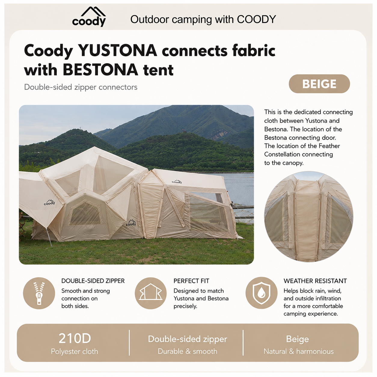Coody BESTONA YUSTONA Connector Double Sided Zipper Air Tent 210D Polyester Cloth Accessories Add-ons