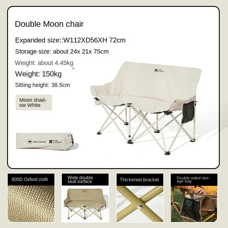 MOBI GARDEN Large Double Folding Moon Chair Outdoor Foldable Camping Easy Assemble Storage 150kg Max Load Stable Steel Pipe Frame 600D Oxford Portable Seat with Storage Bag Mobigarden